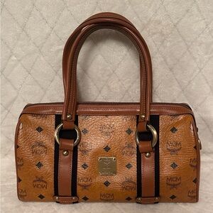 MCM Cognac Logo-Print Satchel with Black Trim and Gold Hardware